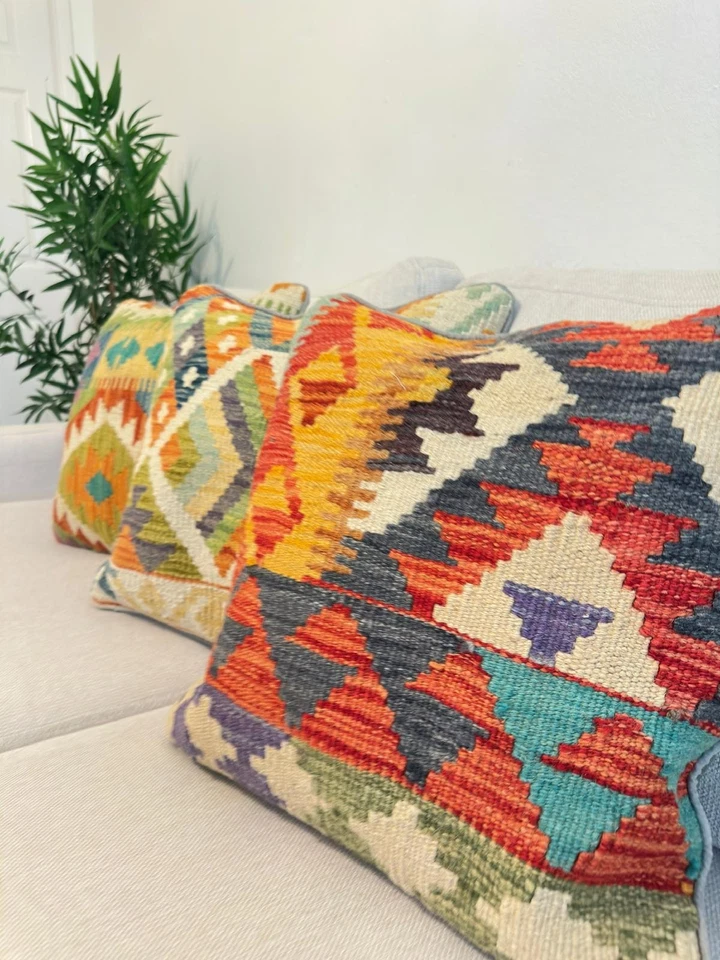 Afghan Authentic Handmade Colorful Kilim Cushion Covers Wool Christmas Decor - Image 4 of 4