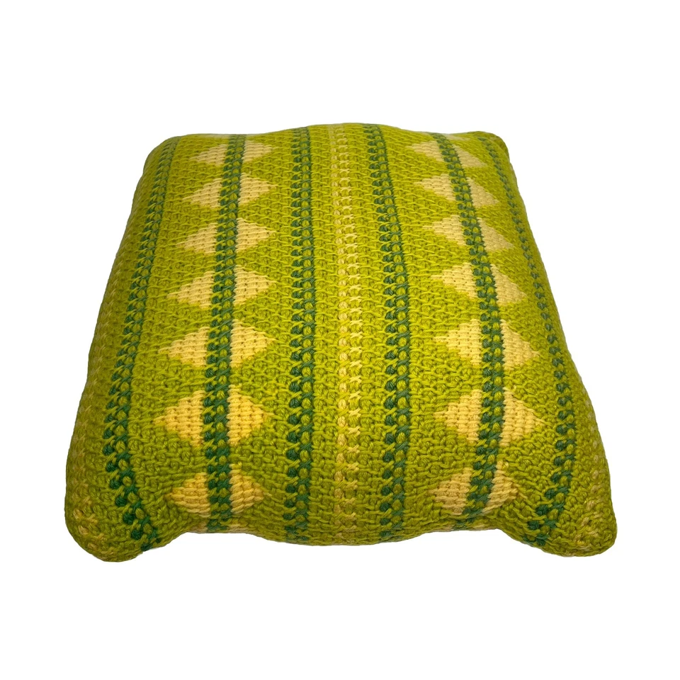 VTG 70s Hand Crochet Accent Pillow Double Sided Green Red Geometric Set Of 2 - Image 3 of 4