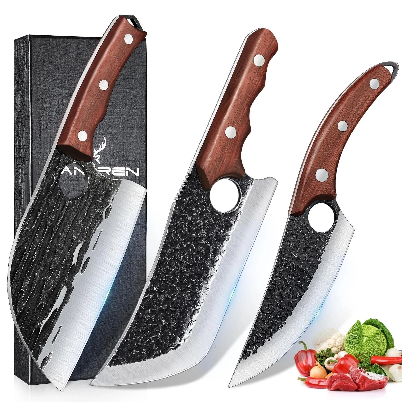 3PCS Butcher Set for Meat Cutting, Hand Forged Meat Cleaver with Wood Handle,...