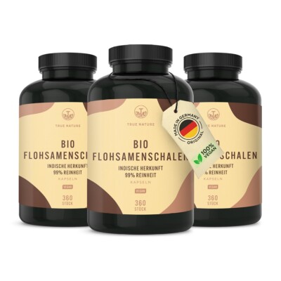 Bio Flohsamenschalen Kapseln - 3x360 Stück - Vegan & Made in DE - TRUE NATURE 