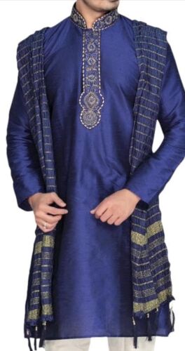 Sonisha Blue/Gold /Ivory Men's Kurta Pyjama Indian Suit XXL 46 New W/Tags