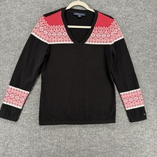 Talbots Sweater Womens S Black Fair Isle V-Neck Knit Pullover Holiday Outdoor
