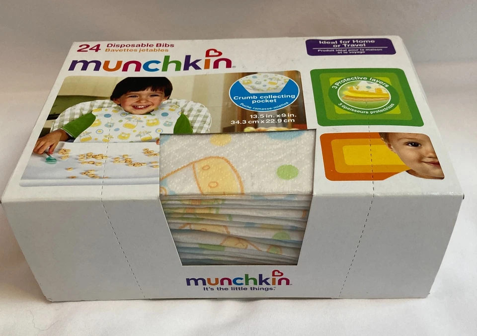 NUEVO Baberos Desechables Munchkin para Bebé 24 Ct Bolsillo para Migas 13.5" x 9" Foto 2 de 4
