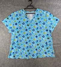 SB Scrubs Top Women 2X Blue Green Circles Cotton Short Sleeve Pockets Medical