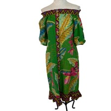 Farm Rio Dress Womens Size XS Midi Green Off The Shoulder Tropical Button Up