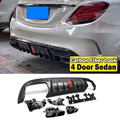 FOR 2015-21 BENZ W205 C63 C43 SEDAN B STYLE REAR BUMPER DIFFUSER+EXHAUST TIPS .
