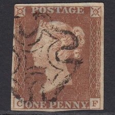 F12_14 GB QV 1841 1d RED-BROWN PLATE 28 SG8-B1(1) IVORY HEAD CF VFU 4M IMPERF MX