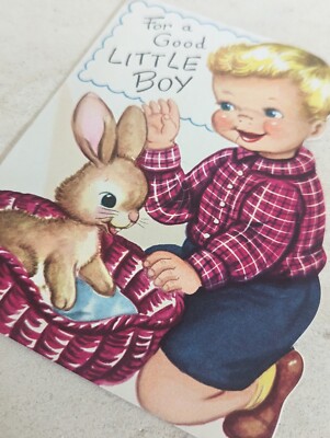 Vintage 50er Jahre UNBENUTZT Junge Osterhase Hase Grußkarte (EB10070)