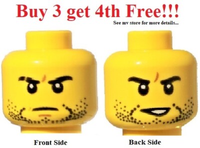  NEW Lego Male Boy Minifig Minifigure Face Dual Head Beard Stubble #15