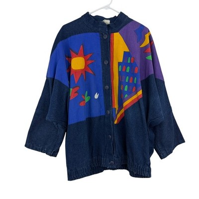 Lechuza Jacket Womens Large Blue Vtg Hand Painted Denim Abstract Sun Tropical