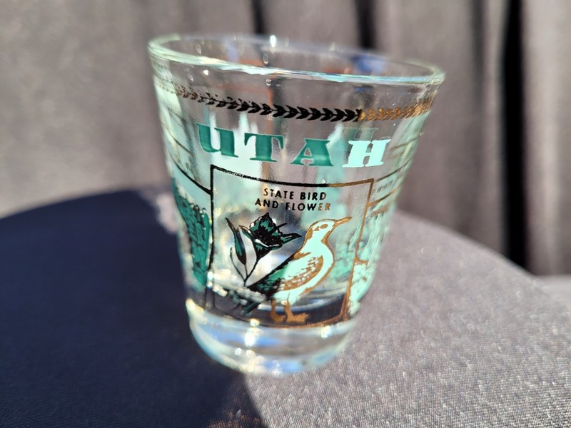 Vintage Utah Shotglass - State Capital/Mormon Temple/Walls of Jerich/State Bird