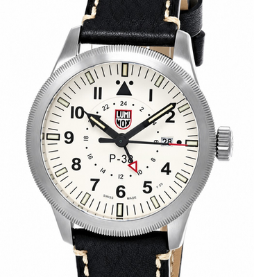 Luminox P–38 Lightning GMT Quartz 42mm Beige Dial Leather Men's