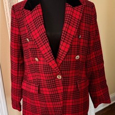 Red Black Double-Breasted Blazer. Velvet Collar. Gold buttons. Vintage Chic.