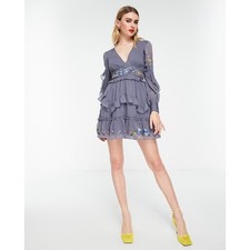 ASOS Embroidered Purple Mini Dress SZ 8 Long Sleeve Ruffle Swiss Dot Fairycore 