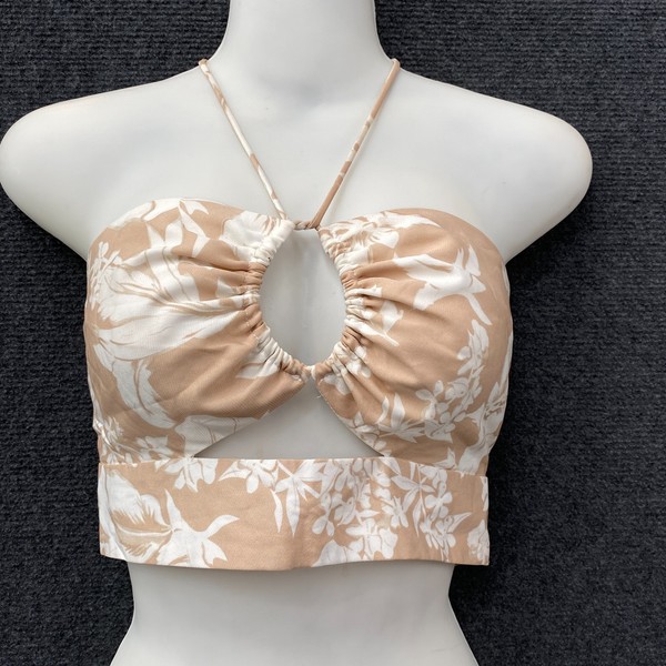 Cass & Cat Womens Halter Cropped Top Almond Floral Tie Neck Back Cut Out Size 10
