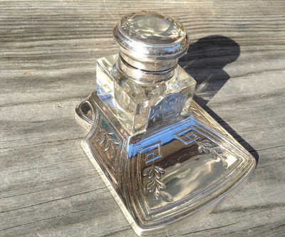 Rare vintage silverplate glass inkwell Greek key design, unidentified maker mark