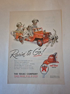 Texaco Gasoline Dalmatian Puppies Fire Engine Vintage ad 1950 Rarin' to Go!