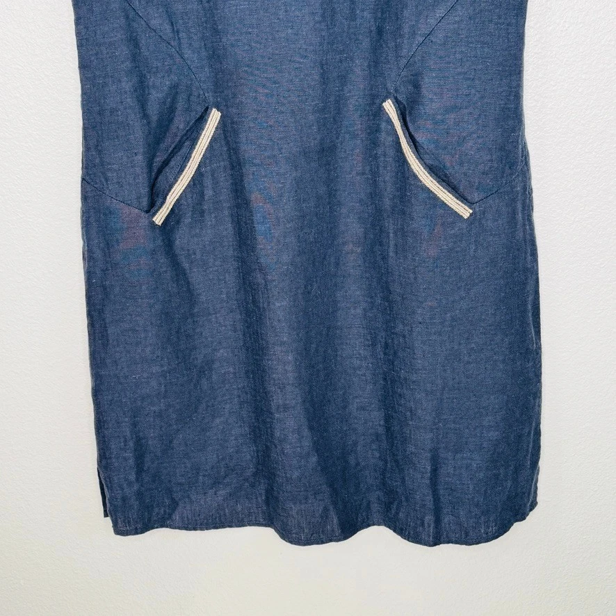 Vestido recto Garnet Hill 100 % lino manga gorra azul detalle bordado para mujer talla 8 Foto 4 de 4