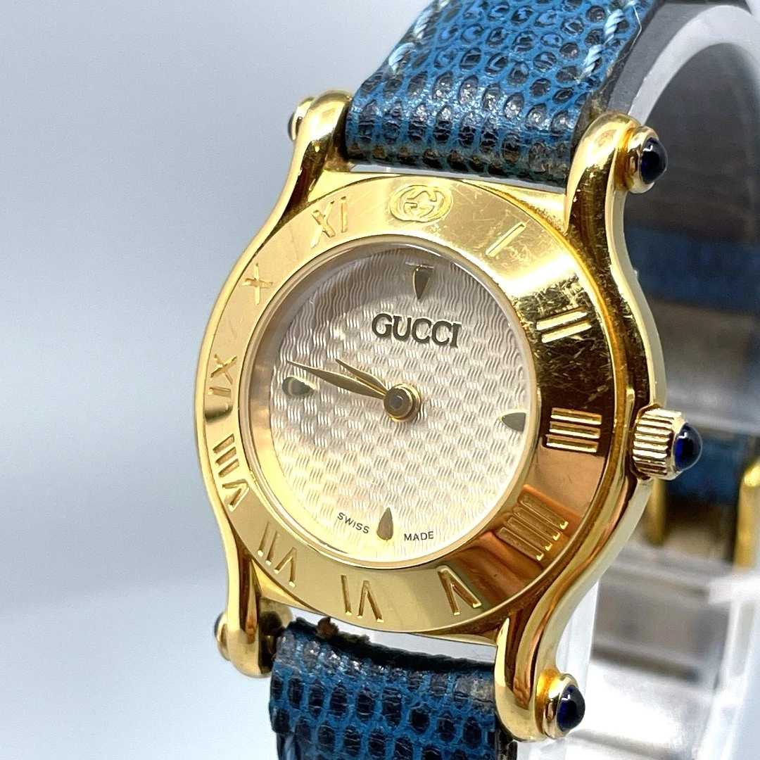 【Quasi Come Nuovo】 Gucci 6500L Quadrante Bianco Quarzo Orologio Donna Cintura Blu Oro GIAPPONE