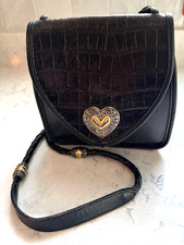 Vintage 90s BRIGHTON Black Moc Croc Leather Shoulder Crossbody Bucket Bag Purse