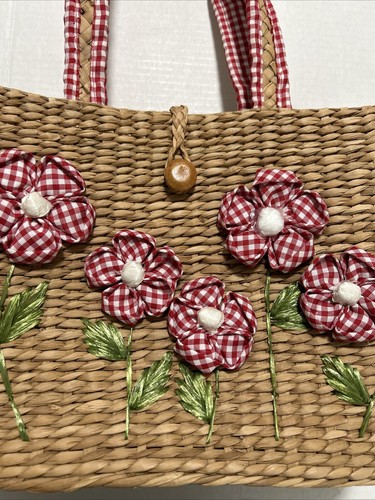 Strandtasche Damen 100 % Naturstroh rot Gingham Karofutter florale Akzente - Bild 2 von 24