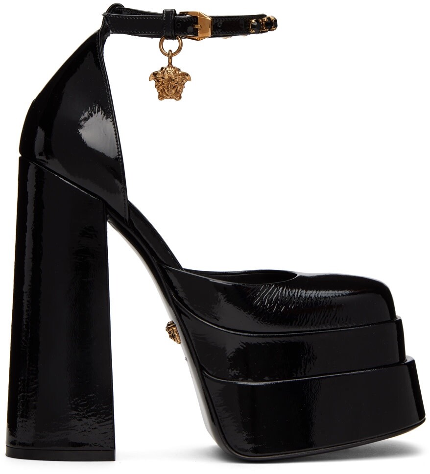 NIB Versace Medusa Aevitas Black Patent Crystal Logo Platform