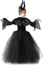 Lace Tutu Tulle Dresses for Halloween with Maleficent Horns Feather Cape Costume