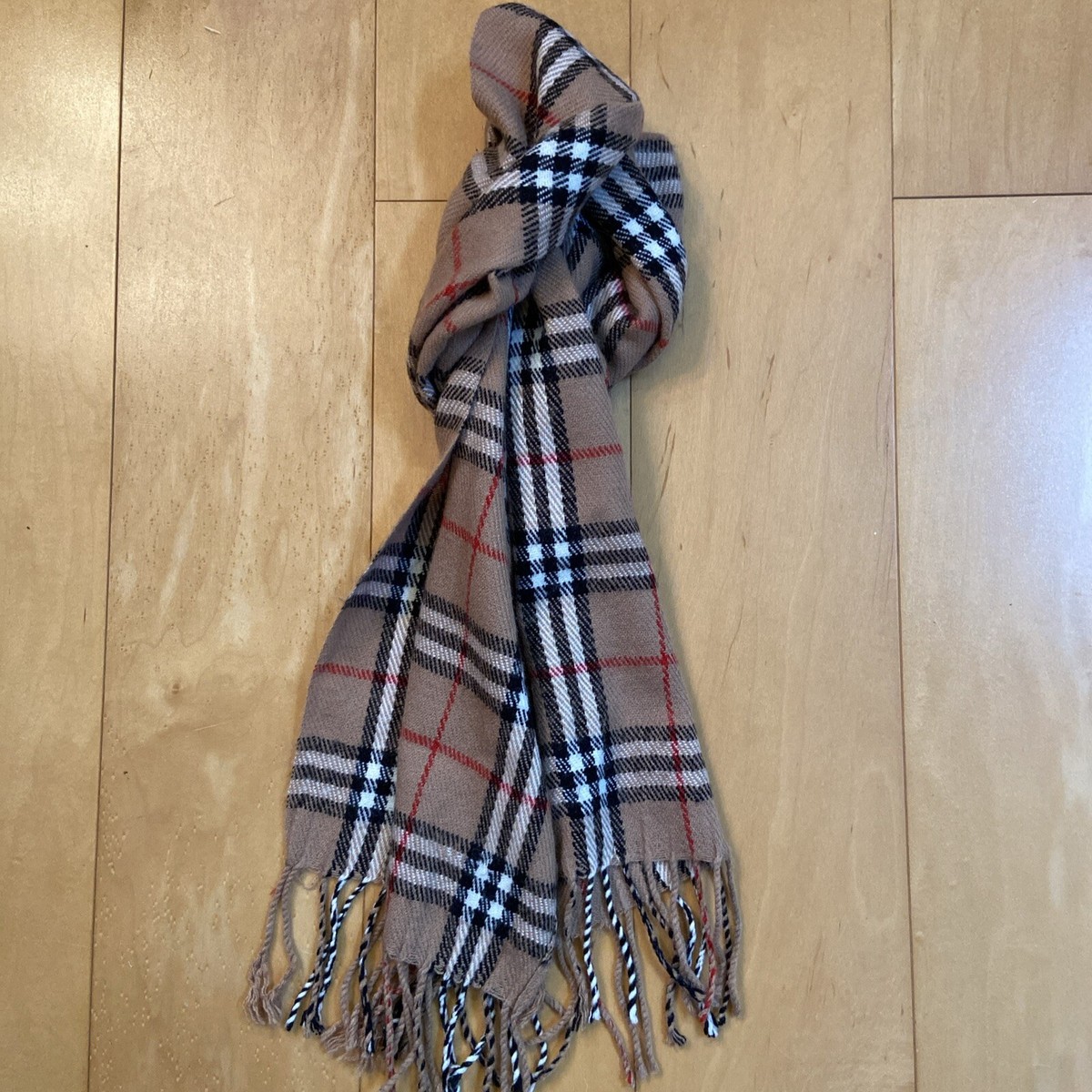 BEIGE AND BLACK PLAID acrylic Unbranded Long Scarf With Tassels