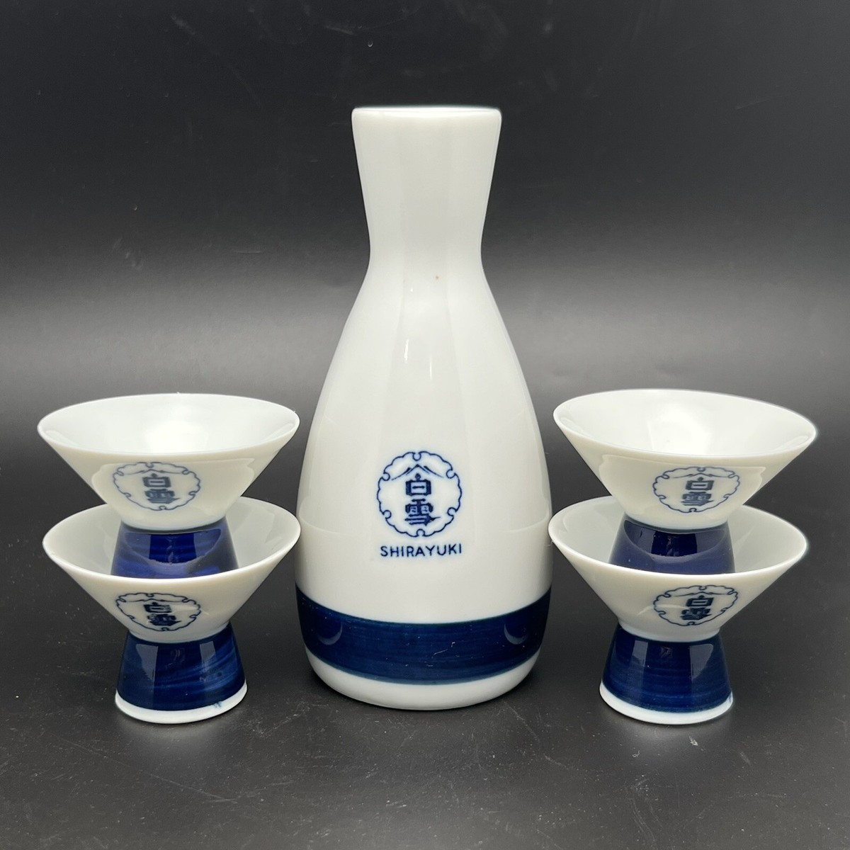 Vintage Japan Shirayuki Sake Set Blue & Wh Porcelain Carafe