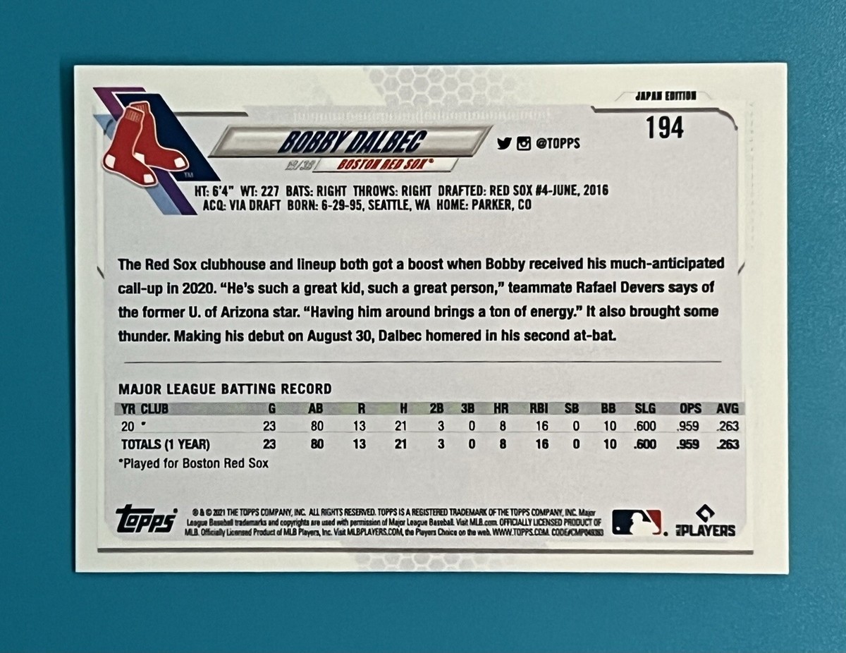 2021 Topps Japan Edition #194 BOBBY DALBEC Boston Red Sox Rookie