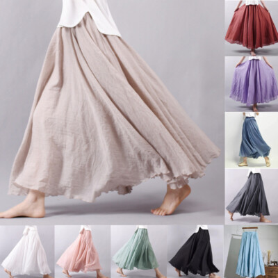 Damen Leinen Plissiert Lang Gypsy Hippie Strandkleid Doppellagig Sommer Feiertag
