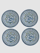$250 Neiman Marcus Blue White Pavoes Paint Art Dinner Plates, Set of 4