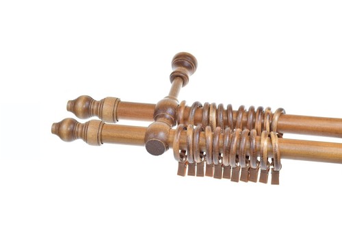 TRADAITIONAL WOODEN CURTAIN POLE SET WITH BRACKETS RINGS & FINIALS DOUBLE 28mm - Picture 13 of 15