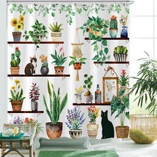 Plants Cat Shower Curtain Cute Shower Curtain for Bathroom with 12 Hooks Poly...