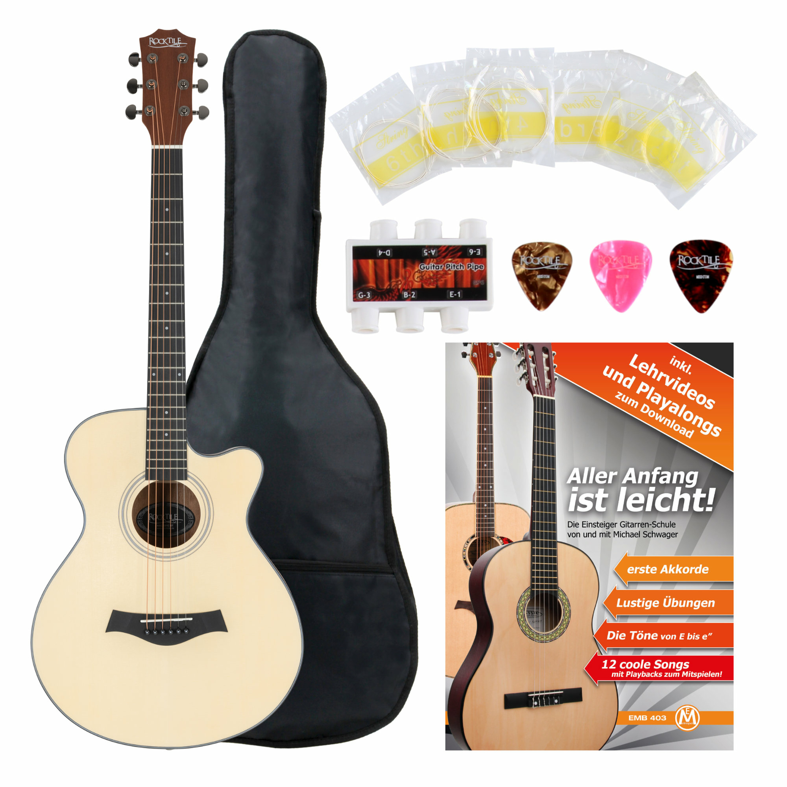 Chitarra Acustica Folk Concert con Cutaway di Sapele Natural Set Custodia Corde