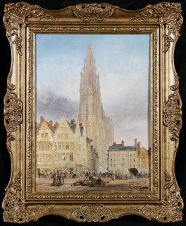 LEWIS JOHN WOOD (1813 1901) LARGE SIGNED ENGLISH OIL PANEL ANTWERP CATHEDRAL