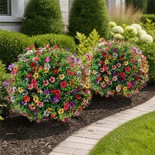 2PCS Artificial Flower Topiary Trees 27.5in Faux Shrubs with Ground Spikes Set