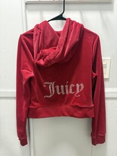 Juicy Couture Hoodie Womens Large Red Velour Full Zip Juicy Rhinestone Logo