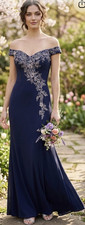 XSCAPE Womens Navy Off Shoulder Embroidered Lace Long Gown Slit Size 8