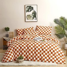 Rust Plaid Comforter Set 3Pcs Checker California King Burnt Orange Grid