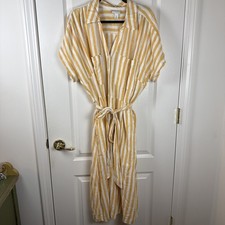 Ava & Viv Linen Blend Striped Yellow White Tie Front Midi Buttons Shirtdress 1X