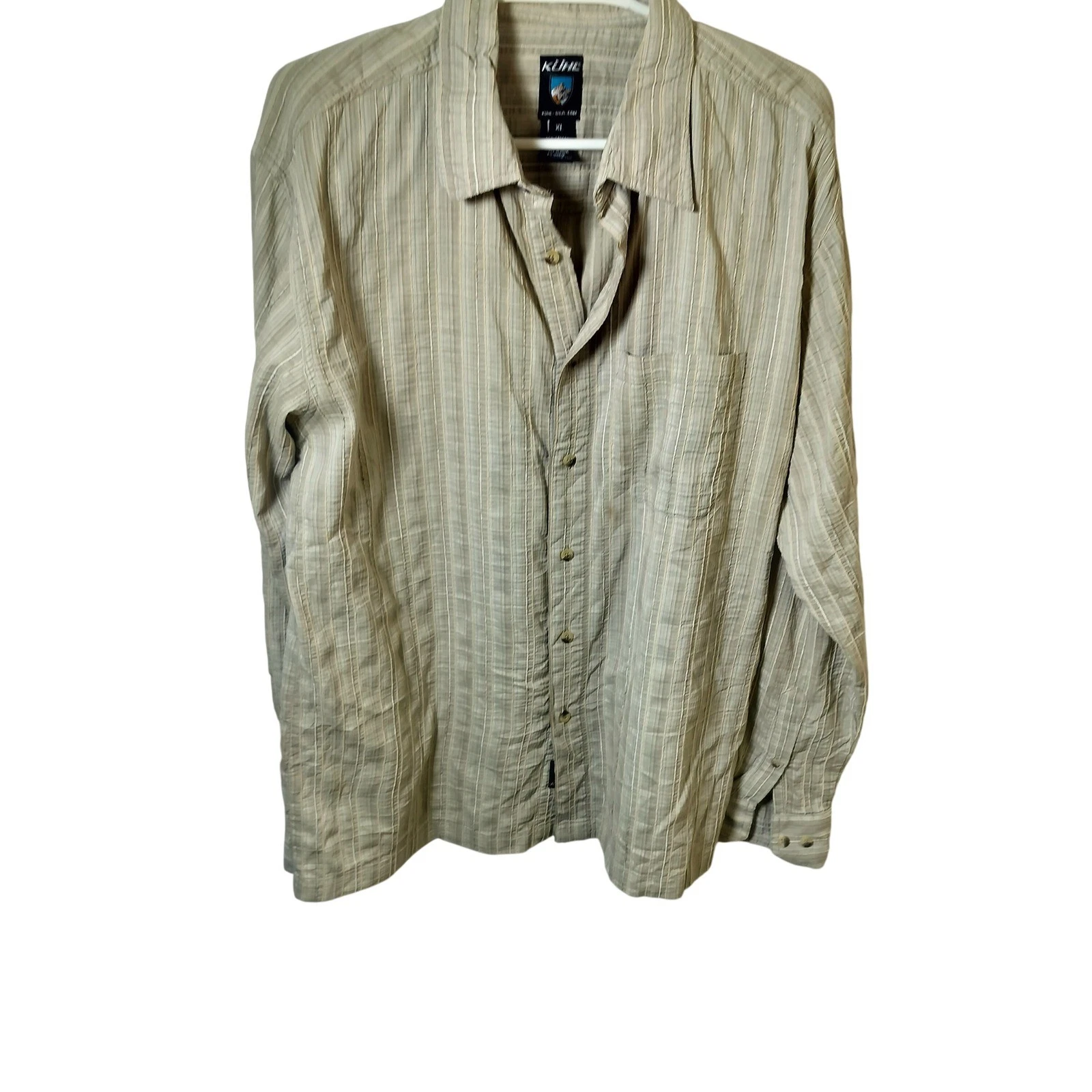 Kuhl Mens XL Long Sleeve Button Down Shirt Textured Stripe Tan Beige Hiking XL