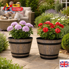 2Pc Plastic Whiskey Barrel Planter 22cm Brown Ash 4L Outdoor Garden Plant Pot