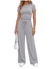 2 Piece Sets for Women Summer Lounge Set Ruched Top and Wide Leg Pants L