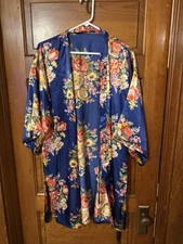 Robe Womens One Size Blue Floral Satin Kimono Lightweight 3/4 Sleeve Lounge