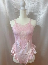 Vintage 1980s Pink Satin Teddy Lace Ruffle Bodysuit Lingerie Loungewear Coquette