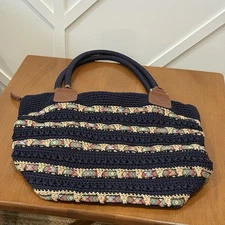 The Sak Cambria Crochet Navy Purse Large Tote Hobo Shoulder Bag Woven Ribbon