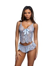 Roma Lace Essentials Lace Camisole w/Ruffle Shorts 2 pc Set Light Blue