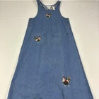 Mandal Bay Overall Dress Womens Medium Blue Denim Rooster Embroidered Pockets