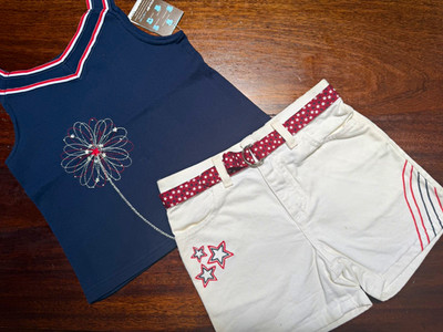 Vintage Y2K Girls Patriotic Outfit NWT Navy Rhinestone Top White Shorts Belt